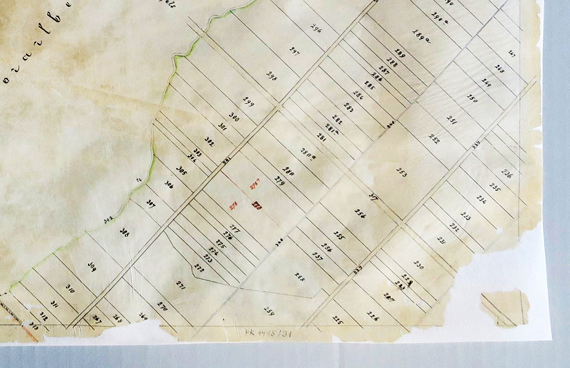 Bauplan nach Trockenreinigung, Zusammensetzen des Plans, Sichern der Bruchstellen und Glätten, Ergänzen einzelner Fehlstellen